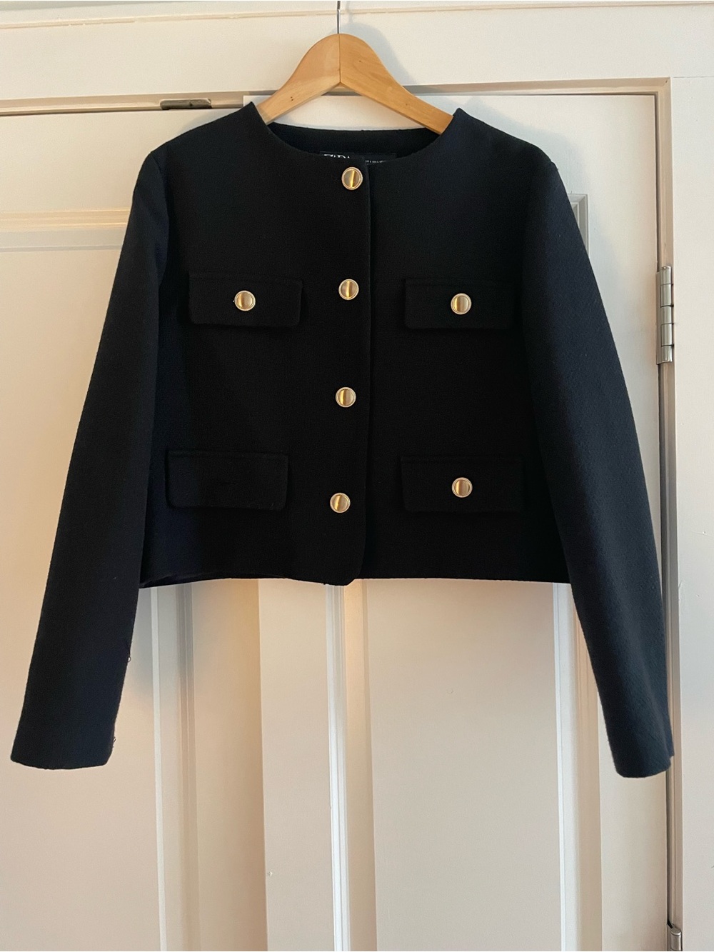 Zara Black Cropped Jacket with Gold Buttons - Size L
